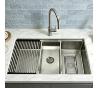 KOOGIMDDR Fregadero de cocina plateado de 90 x 50 cm de acero inoxidable 304SUS, 1 lavabo grande, fregadero de cocina rectangular de acero inoxidable, con escurridor, desagüe y kit de rebosadero para