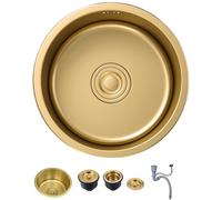 KOOGIMDDR Fregadero redondo de 40 x 40 cm, acero inoxidable, fregadero de preparación dorado, diámetro 400 mm, fregadero empotrado, fregadero de cocina con escurridor dorado