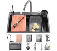 KOOGIMDDR - Juego de fregadero de cocina con encimera, 68 x 45 cm, con grifo de cascada, acero inoxidable, uso doméstico, lavavasos, tabla de cortar, escurreplatos y accesorios