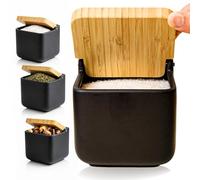 KOOK TIME salero de cocina con tapa de madera de bambú basculante. - Salero negro de cocina moderno con base de cerámica mate para usar como salero y azucarero o especieros, 11.5 x 11.5 x 11.5 cm.
