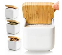 KOOK TIME Salero de Cocina de cerámica SQUARE | Tarro multiusos con tapa basculante de Bambú | Ideal para usar como Salero, azucarero o especiero | 11.5 x 11.5 x 11.5 cm. | Blanco