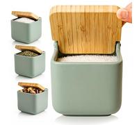 KOOK TIME Salero de Cocina de cerámica SQUARE | Tarro multiusos con tapa basculante de Bambú | Ideal para usar como Salero, azucarero o especiero | 11.5 x 11.5 x 11.5 cm. | Verde Salvia