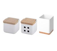 KOOK TIME Set de accesorios cocina - incluye salero de cocina, porta utensilios de cocina y bote de ajos - bote para ajos y salero con tapa de bambú - Cerámica blanco brillo y bambú