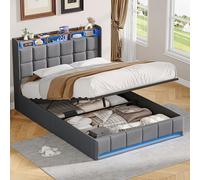 KOOPMAD Cama con espacio de almacenamiento, 140 x 200 cm, con LED y USB, cama hidráulica con cabecero, cama doble tapizada, cama doble para adultos, peso de 350 kg, lino, gris (sin colchón)