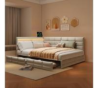 KOOPMAD Cama de 140 x 190 cm con espacio de almacenamiento, cama doble tapizada con LED y USB, sofá cama con cajones, cama juvenil con somier, cama esquinera en forma de L, lino, beige, sin colchón