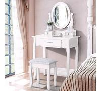 KOOPMAD Tocador blanco con espejo extraíble, mesa de maquillaje con almacenamiento abierto y 3 cajones, vanity con taburete acolchado, espejo giratorio de 360°, estilo elegante, 136 x 75 x 40 cm