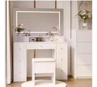 KOOPMAD - Tocador grande blanco con espejo LED, Vanity Desk con almacenamiento abierto y 9 cajones, Makeup Desk, Vanity con taburete acolchado, estilo elegante para dormitorio, 150 x 110 x 40 cm