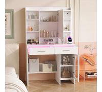 KOOPMAD Vanity Desk blanco con espejo LED y 3 colores regulables, gran LED tocador con almacenamiento abierto, maquillaje mesa con 2 cajones y enchufes, Vanity 145 x 89,8 x 40 cm blanco, E)