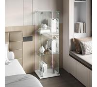 KOOPMAD - Vitrina de cristal con LED y cerradura, vitrina para colección, armario de cristal moderno, 3 estantes, 1 puerta, transparente, mueble vitrinas para dormitorio, salón, comedor, 123 cm blanco