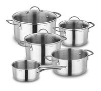 KOPF Juego de cacerolas Clara de inducción 8 piezas | Apto para horno y lavavajillas | Juego de ollas para todo tipo de cocina | 4 ollas, 1 cacerola, 3 tapas de cristal | Escala de litros | Acero
