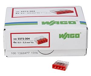 Kopp 33346422 Wago Compact de cajas de conexiones Pinza Abrazadera de 4 conductores rojo 0,5 - 2,5 mm², 100 unidades, transparente/rojo