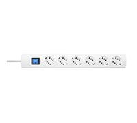 Kopp DUOversal® Plus - Regleta de 6/12 enchufes de 1,4 m con Doble Ranuras + protección contra sobretensión + Interruptor + Gran Distancia + protección táctil + enroscable I Blanco - 234502008