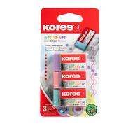KORES - Borradores de goma de PVC pastel KE-30 - Borradores de tamaño de bolsillo con funda de papel - 40 x 21 x 10 mm - Suministros escolares y de oficina - Paquete de 3 en varios colores