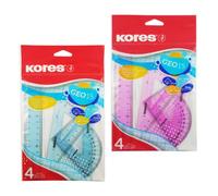 Kores - Geo15: juego de matemáticas de 4 piezas para estudiantes, de plástico, geometría con regla, transportador y triángulo, material escolar, set en colores surtidos.