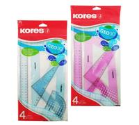 Kores - Juego de geometría en varios colores - GEO30 - Juego de transportador, triángulo y regla - Suministros de regreso a clases, juegos de geometría, regla escolar - 4 piezas en bolsa de plástico