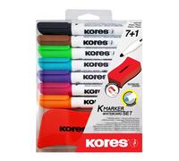 Kores - K-Marker XW1: rotuladores de pizarra de colores con punta redonda, limpieza en seco y tinta de bajo olor, suministros escolares y de oficina, juego de 7 colores surtidos y 1 borrador magnético