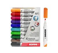 Kores - K-Marker XW2: Rotuladores de colores para pizarra blanca con punta biselada, borrado en seco y tinta de bajo olor, material escolar y de oficina, juego de 10 colores surtidos