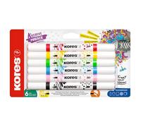 Kores Kreative - Juego de rotuladores acrílicos de punta dúo de 6 colores, puntas de pincel y cono para papel, madera, vidrio, roca, tela, lienzo, cerámica, manualidades, sin agitar, 6 piezas