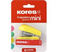 Kores - Mini Grapadora Amarillo + 1000 Grapas 24/6, Compatible con 26/6, Capacidad 12 Hojas Papel 80g, 6x4,5x3cm, Distancia Grapado 17mm, Ideal como Material de Oficina, Perfecto para Estuche Escolar