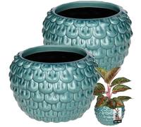 KOTARBAU® 2 macetas grandes de cerámica vintage con motivo de escamas de pescado, hechas a mano, diámetro 17 cm, altura 13 cm, maceta de cerámica para flores, color azul y turquesa
