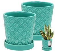 KOTARBAU® 2 macetas para plantas con platillo, color turquesa, diámetro 13 cm, altura: 15 cm, maceta de cerámica esmaltada, maceta grande para plantas y cactus con platillo