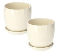 KOTARBAU® 2 x Maceteros con Plato de cerámica esmaltada, 13 cm, Maceta Beige, Tiesto Decorativo para Plantas, Maceta con Plato y Orificio de Drenaje, Reflejo Brillante, Macetas de Ceramica 2 UDS