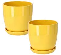 KOTARBAU® 2 x Maceteros con plato de cerámica esmaltada, 15 cm, Maceta amarilla, Tiesto decorativo para plantas, Maceta con plato y orificio de drenaje, Efecto espejo, Reflejo brillante, Macetas 2 UDS
