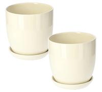 KOTARBAU® 2 x Maceteros con Plato de cerámica esmaltada, 16 cm, Maceta Crema, Tiesto Decorativo para Plantas, Maceta con Plato y Orificio de Drenaje, Efecto Espejo, Reflejo Brillante, Macetas 2 UDS
