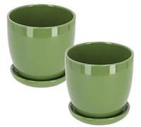KOTARBAU® 2 x Maceteros con Plato de cerámica esmaltada, 16 cm, Maceta Verde, Tiesto Decorativo para Plantas, Maceta con Plato y Orificio de Drenaje, Efecto Espejo, Reflejo Brillante, Macetas 2 UDS