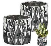 KOTARBAU® 2 x Maceteros de cerámica de 120mm, Color plateado, Macetas decorativas para flores y plantas, Maceta cilíndrica, Diseño geométrico y minimalista, Cerámica esmaltada brillante, Tiesto, 2 uds