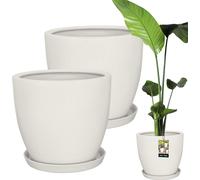 KOTARBAU® Juego de 2 macetas con plato, color blanco, 38 cm, altura: 33 cm, cerámica esmaltada, maceta grande para cactus, maceta con platillo