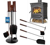 KOTARBAU® Juego de 4 Utensilios para Chimenea: Escoba, Pala, atizador y rascador de Ceniza, Herramientas de Metal con Mango de Madera, Cubiertos de Estufa, Negro + Oro Viejo, Soporte de pie