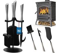 KOTARBAU® Juego de herramientas para chimenea de acero, Set de 4 piezas: escoba, pala y atizador de ceniza con soporte de pie, Herramientas para chimenea, estufa, Utensilios de chimenea