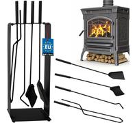 KOTARBAU® Juego de herramientas para chimenea de acero, Set de 5 piezas: escoba, pala, pinzas y atizador de ceniza con soporte de pie, Herramientas para chimenea, estufa,