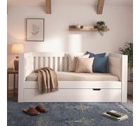 kowdom Cama de día 90 x 200 cm, color blanco, con cama nido y somier, cama de madera de pino, cama de invitados que ahorra espacio, apartamentos pequeños, soporta 150 kg