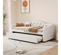 kowdom Cama de día 90 x 200 cm, sofá cama con cama plegable extensible de 90 x 190 cm, sofá cama individual cama de invitados, lino beige, diseño minimalista, ahorra espacio para espacios pequeños