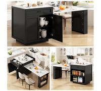 kowdom Carrito de cocina extensible 98-204 cm, isla de cocina con ruedas y cajones, color negro, carro de servir plegable con estante lateral, mesa alta como barra de café para 2-6 personas