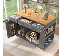 kowdom Isla de cocina independiente, carrito de servir con 3 cajones y estante para especias, estante ajustable, área apta para mascotas, 120 x 60 x 90 cm, color natural y gris