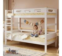 kowdom Litera de 90 x 200 cm, cama de madera con escalera y protección contra caídas, cama de matrimonio estable con somier, madera maciza blanca, ahorra espacio y es segura