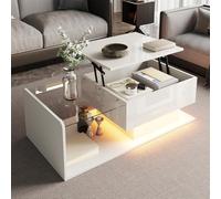 kowdom Mesa de centro regulable de cristal LED para salón, color blanco brillante, 100 x 50 cm, con espacio de almacenamiento, moderna mesa de sofá con control de luz por aplicación, mesa de cristal