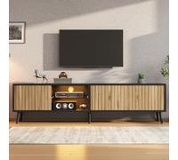 kowdom Mueble bajo TV 175 x 31 x 43,5 cm madera natural/negro - Mesa de televisión LED para 75 pulgadas, 3 puertas con rayas y estantes de cristal, aparador de TV con control por aplicación, 6 patas
