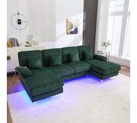 kowdom Salón en forma de U verde esmeralda con iluminación LED y puerto USB-C, sofá de terciopelo de 4 plazas, marco de madera maciza, ergonómico, 4 cojines, diseño moderno para sala de estar