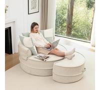 kowdom Sillón redondo con taburete, de chenilla, 5 cojines, sin montaje, para salón, rincón de lectura (beige)