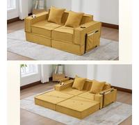 kowdom Sofá cama doble de 2 plazas con reposapiés, juego de sofá modular de chenilla, bolsillos laterales y soporte para bebidas, para rincón de lectura, sala de juegos, color amarillo mostaza