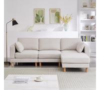 kowdom Sofá esquinero de 3 plazas con taburete - Sofá nórdico en forma de L de poliéster con patas de madera maciza, diseño modular para salón (beige)