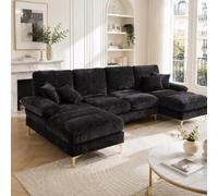kowdom Sofá esquinero en forma de U con doble asiento - Sofá esquinero de chenilla grande de 272 cm con 4 plazas, marco de madera y patas doradas, para salón, villa (negro)