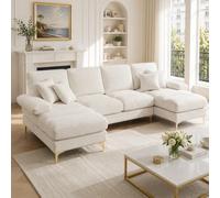 kowdom Sofá esquinero en forma de U con doble asiento - Sofá esquinero de chenilla grande de 272 cm con 4 plazas, marco de madera y patas doradas, para salón, villa (beige)