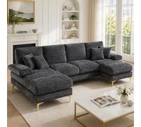 kowdom Sofá esquinero grande en forma de U con doble asiento de chenilla de 272 cm con 4 plazas, marco de madera y patas doradas, para salón, villa (gris)