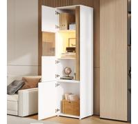 kowdom Vitrina acrílica con iluminación LED y 2 puertas, armario alto para salón, cocina u oficina, 50 x 40 x 179 cm, color blanco + aspecto de madera natural