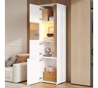 kowdom Vitrina con iluminación LED ajustable, armario alto de 179 cm con puerta acrílica y madera, armario combinado en blanco y natural, armario de salón con bloqueo antivuelco, vitrina de pie